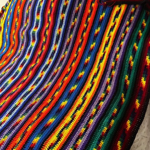 VTG Handmade Crochet Rainbow Striped Blanket Vibrant Multicolor 70x100in - Picture 5 of 16
